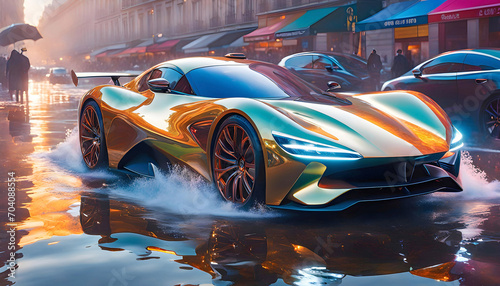 Modern car in bright light and splashes of water, beautiful graphic illustration, pop art, 