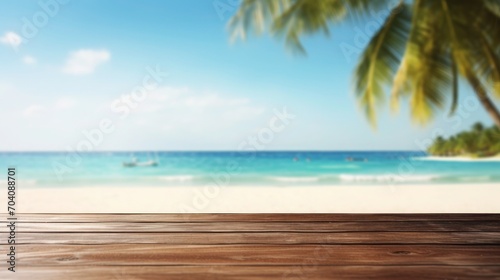 Wooden tabletop and blurred summer beach background for displaying or mounting your products