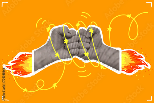 A collage of fists, fingers clenched into fists, a strong blow against each other, stars around, flying like fiery rockets.