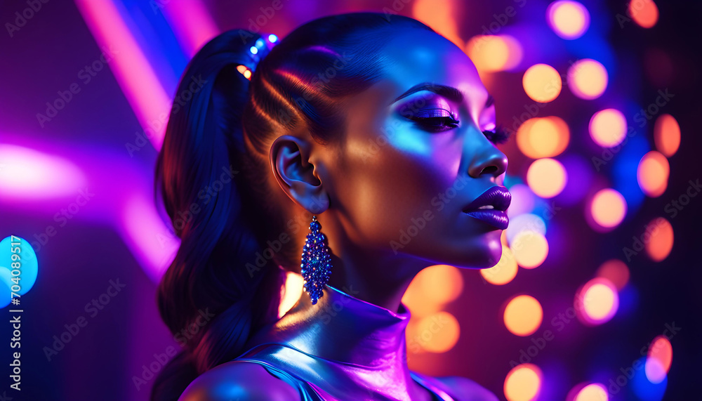 Fototapeta premium High fashion model with metallic silver lips and personable women in colorful neon ultraviolet blue and violet lights, posing in studio, beautiful girl, glowing makeup, colorful makeup.