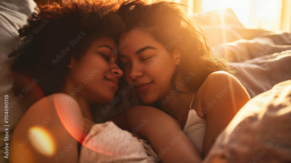 Close-up of two beautiful young couple lying in bed at home in the morning Close-up of two beautiful young couple lying in bed at home in the morning