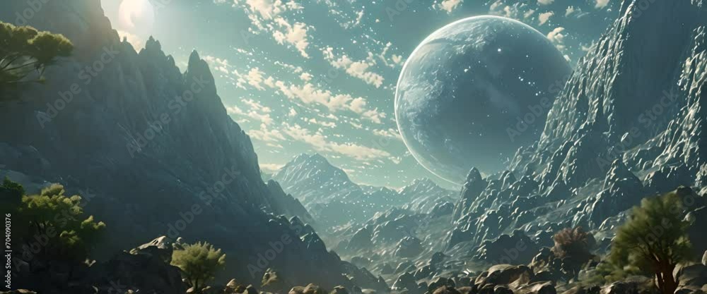 The view of a planet from a rocky alien planet with forest