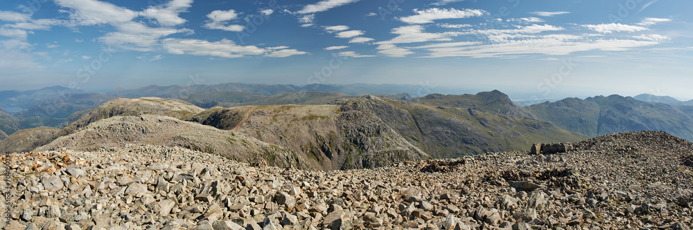 Panorama from near therocky  summit of Scafell Pike looking towards Broad Crag, Great End, Esk Pike and Bowfell, Lake District, UK