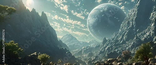 The view of a planet from a rocky alien planet with forest