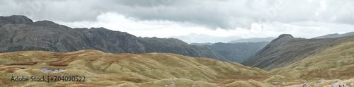 Panorama looking down Langstarth towards Skiddaw from the descent of Stake Pass, Lake District, UK