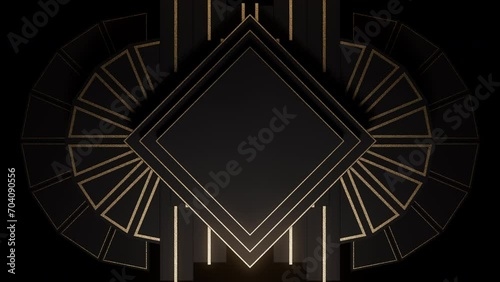 Infinite Looped Gatsby Art deco 20's style animated Frame Tunnel. Gold modern early 20th century ornament builds up and appears on black background. Glamorous template for opener, titles or text