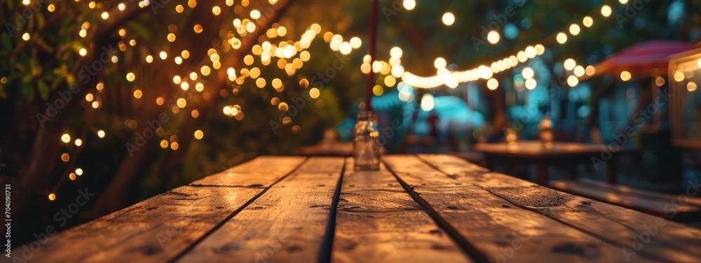 Empty Wood table top with decorative outdoor string lights hanging on tree in the garden at night time.  - obrazy, fototapety, plakaty 