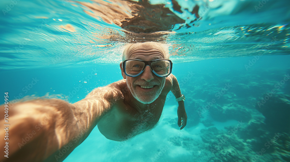 Naklejka premium Active Senior Man Snorkeling and Diving in Clear Water at the Beach.