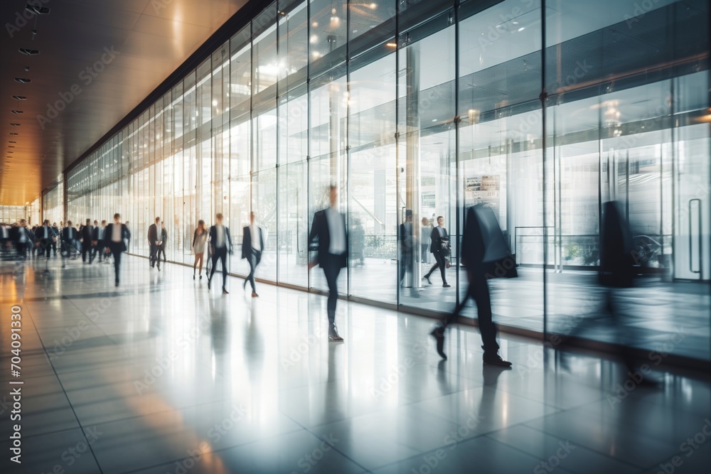 Business people walking in a modern glass building