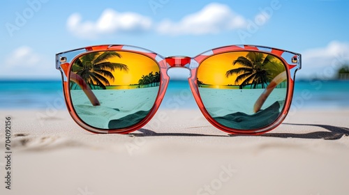 Pair of stylish sunglasses with mirrored lenses, reflecting tropical beach scene. © neirfy
