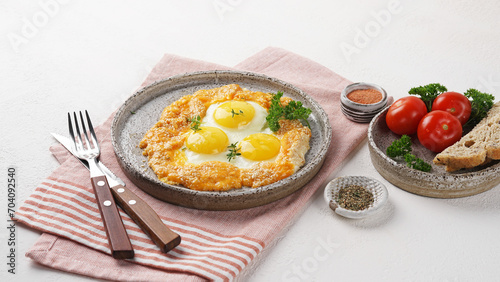 Fried eggs with cheese and sesame served on plate over napkin, vegetarian breakfast