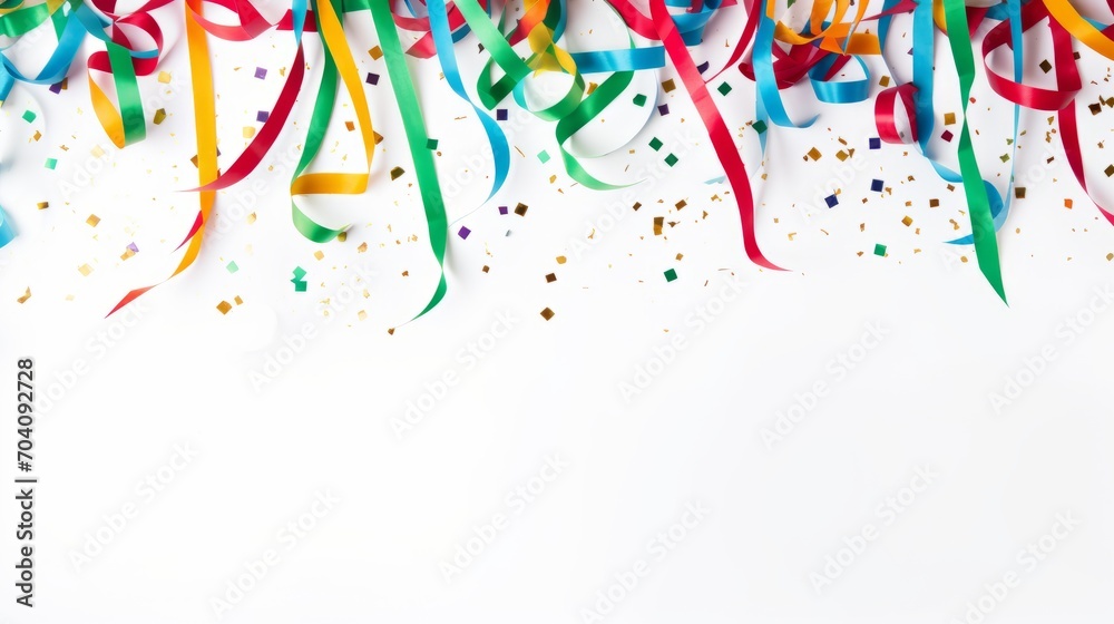 colorful confetti and streamers on white background with copy space - obrazy, fototapety, plakaty 