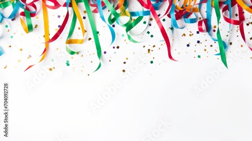 colorful confetti and streamers on white background with copy space photo