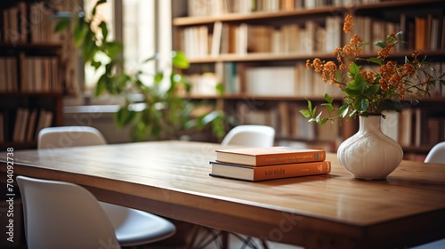 Wallpaper Mural A beautiful library with a wooden table, chairs, plants, and a vase of flowers Torontodigital.ca