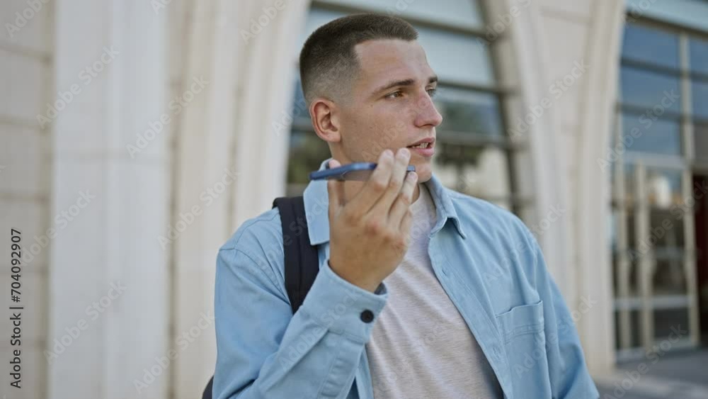 A young hispanic man in casual attire records a voice message on his phone on a sunny university campus.