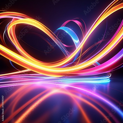 Vibrant neon abstract background with glowing fluorescent lines in a dark room, reflecting on the floor. Dynamic curvy ribbon, panoramic wallpaper, and digital energy transfer concept.