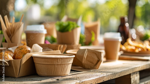 Eco-friendly kraft paper food packaging and tableware are a sustainable choice for street food vendors. ai generated. photo