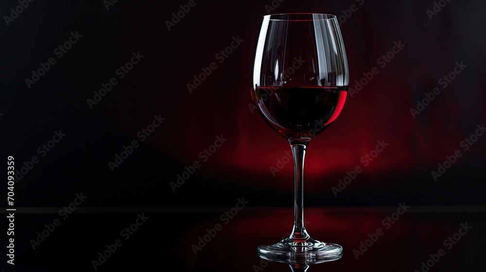 Minimalistic black backdrop, elegant wine glass filled with red wine, subtle reflections. Black dark background or a wallpaper 