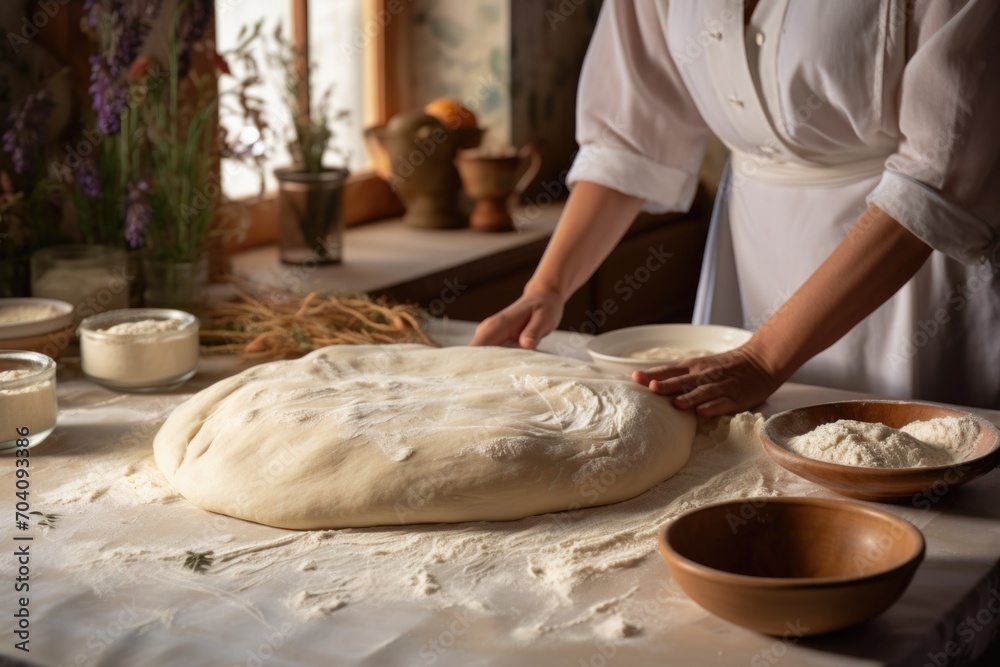 Kneading dough for Greek Easter bread, surrounded by a rustic assortment of ingredients and traditional baking utensils