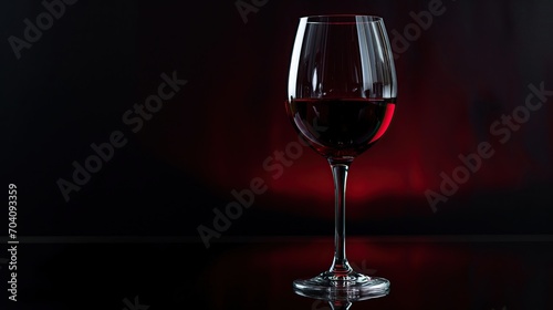 Minimalistic black backdrop, elegant wine glass filled with red wine, subtle reflections. Black dark background or a wallpaper 