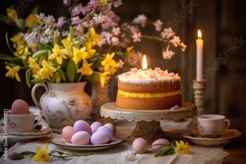 An Easter cake surrounded by candles and blooming spring flowers, gracing a festively set table, evoking the spirit of Easter celebration