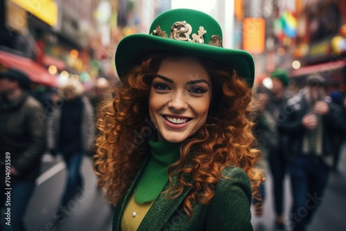 Celebratory vibes fill the city as a woman, sporting a leprechaun hat and St. Patrick's Day attire, walks through the streets, creating a festive atmosphere with her contagious joy
