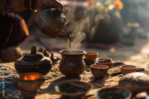 A serene morning scene with steaming tea being carefully poured into earthenware cups, illuminating the ritual's essence.