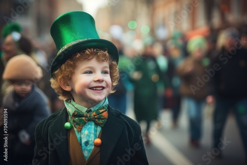 A young boy's smile lights up the city street as he wears a leprechaun hat and festive St. Patrick's Day clothes, contributing to the joyful and celebratory atmosphere of the urban setting
