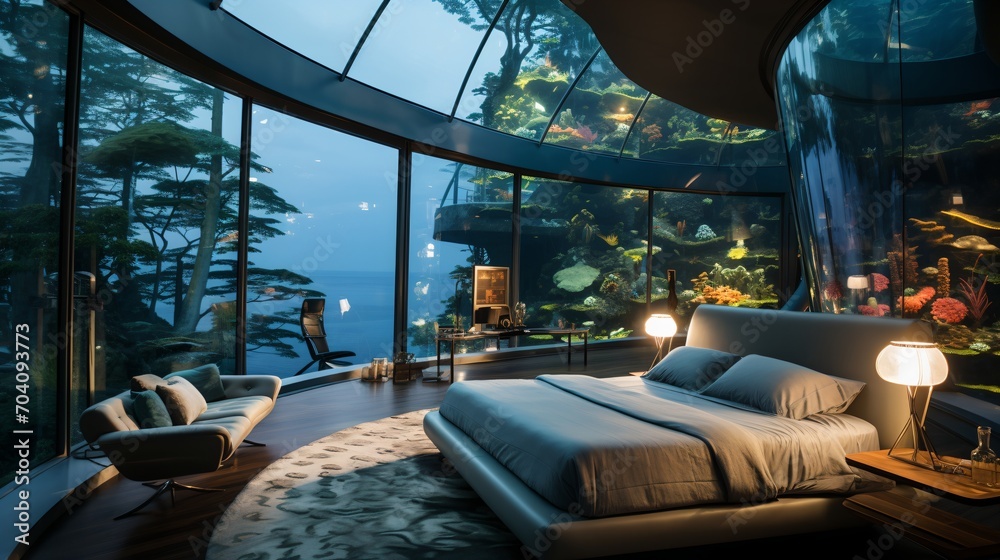 Fototapeta premium Futuristic bedroom with an amazing view of the underwater world