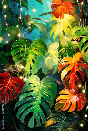 Illustration of bright tropical background with monstera leaves and garland

