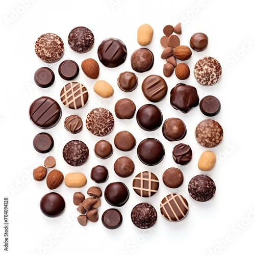 Various kinds of chocolate candy arranged on a white background