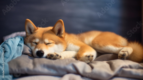 Shiba inu dog sleeping on the bed. Selective focus.