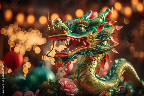 Mystical Dragon Sculpture Amidst Blooming Flowers © marishatti