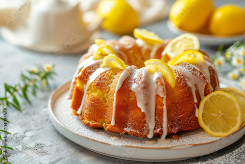 Classic lemon pound cake with powdered sugar glaze. Generative AI