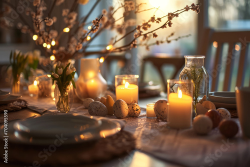 Rustic Easter table setting with candles. Generative AI