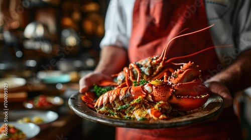 The chef carries a plate of large lobster photo