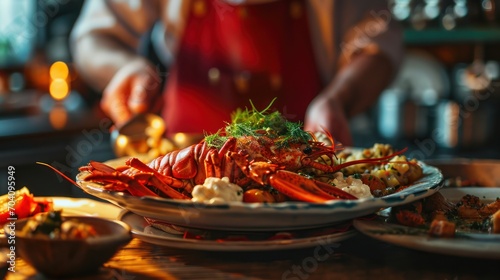 The chef carries a plate of large lobster photo