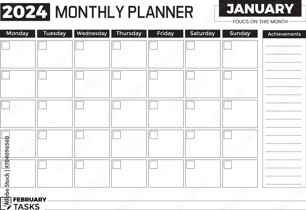2024 January Monthly Planner Minimalist Template in A4 Format - obrazy, fototapety, plakaty 