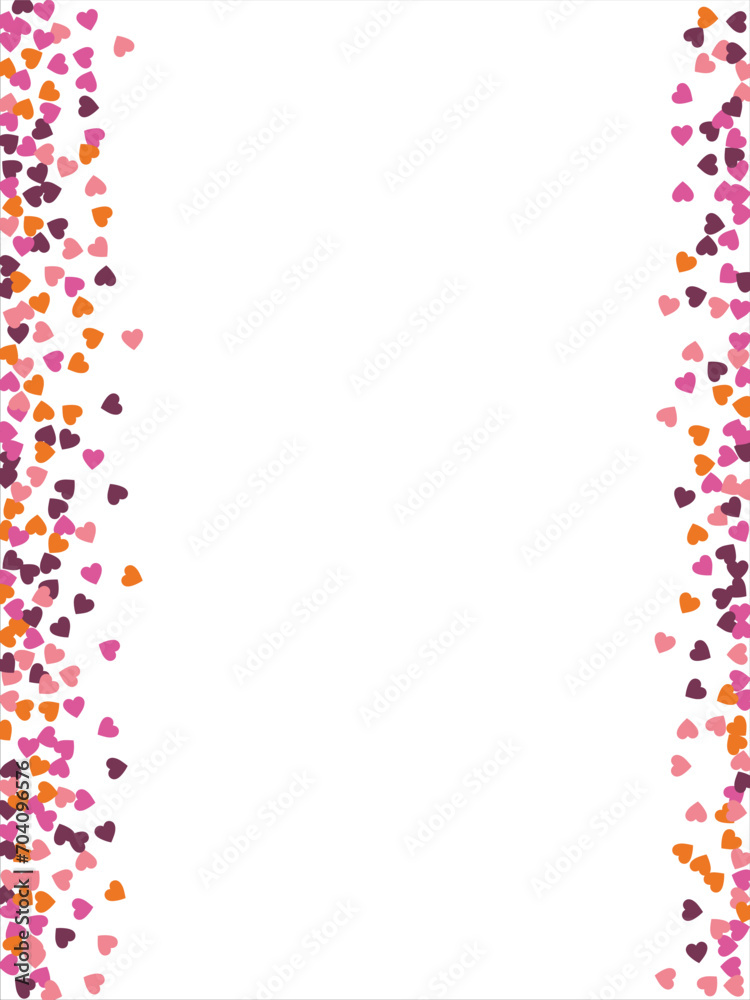 Bright hearts confetti corner frame on white background. Valentine's Day. Banner template. Space for text. illustration.