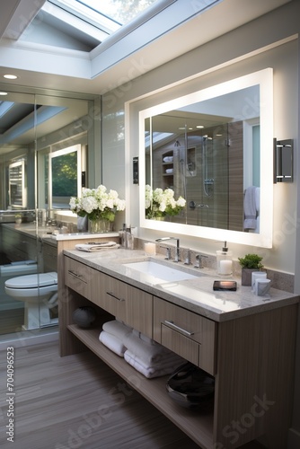 Modern bathroom interior with large mirror and double vanity