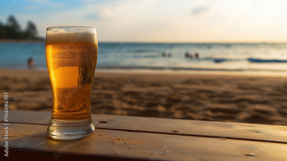 Glass of beer on the beach at sunset. Vacation concept. Glass of beer on the beach at sunset. Vacation concept.