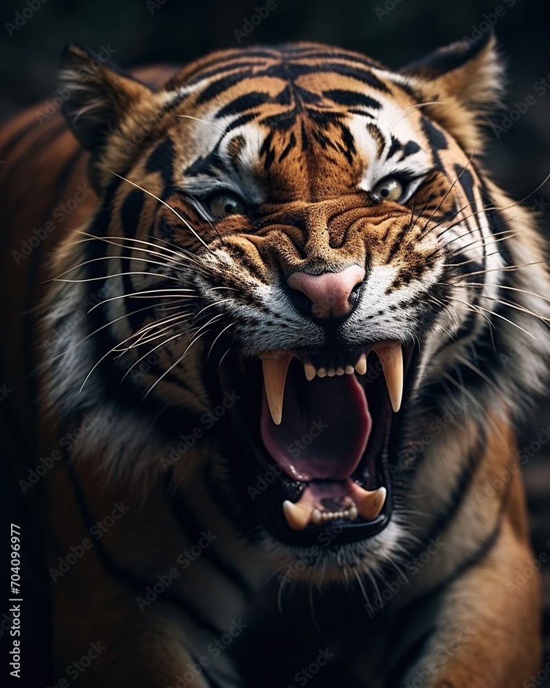 Fototapeta premium Portrait of a tiger with open mouth and wide open mouth.
