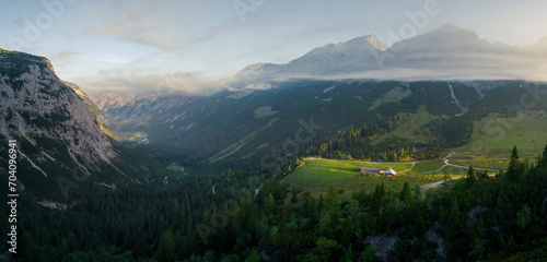 Panorama of the Karwendel refuge over the Karwendel valley in the mountains during morning in summer from above, Tyrol Austria.