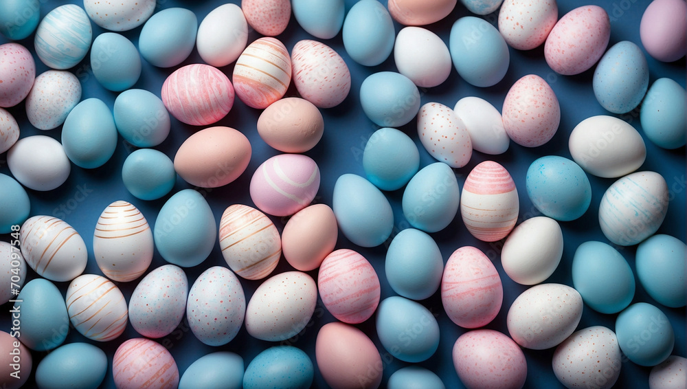 Pattern of light blue, pink and white Easter eggs on a blue background