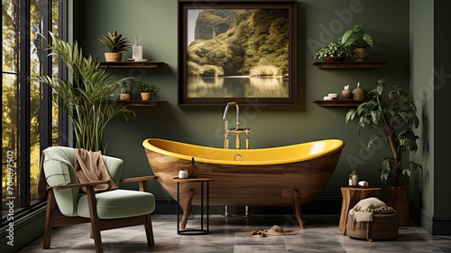 Wooden bathtub in a green bathroom
