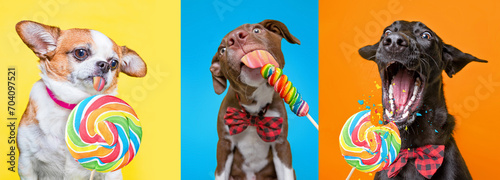 cute dogs eating suckers on an isolated background