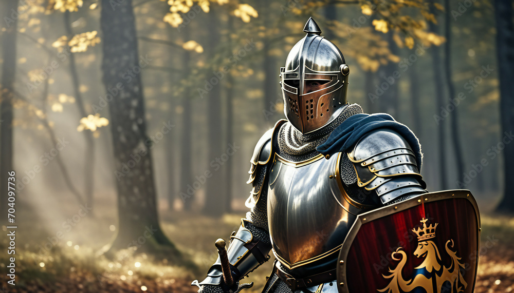 Fototapeta premium medieval knight in shining armor with sword and shield generative ai
