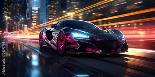 Sleek Luxury Car Illuminating the City Streets Generative AI