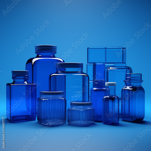 Blue PET plastic and glass bottles on a blue background. Awareness of recycling and preserving the environment