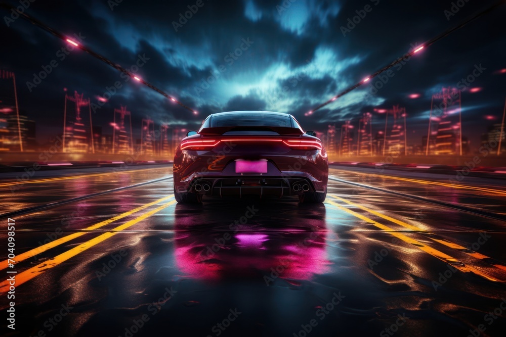 Fototapeta premium Symphony of Lights as a Roaring Sports Car Dashes Generative AI